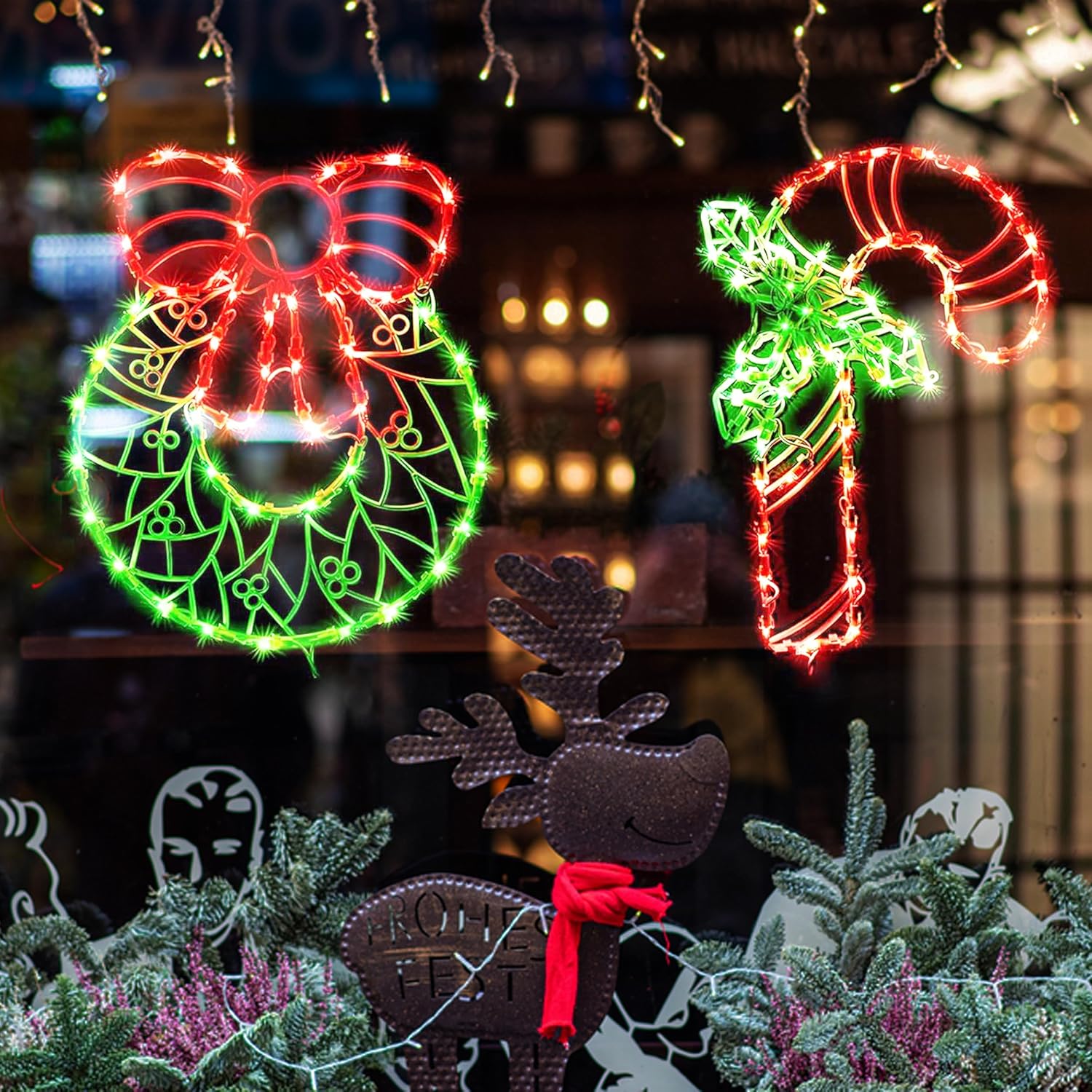 Lighted Christmas Decorations for Windows, Pack of 2 Plug-in Christmas Window Silhouette Lights for Xmas, Party, Home, Patio Lawn, Garden Decorations (Cane & Wreath)